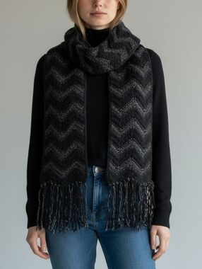 Vintage Black Chevron Chenille And Rayon Knit Scarf